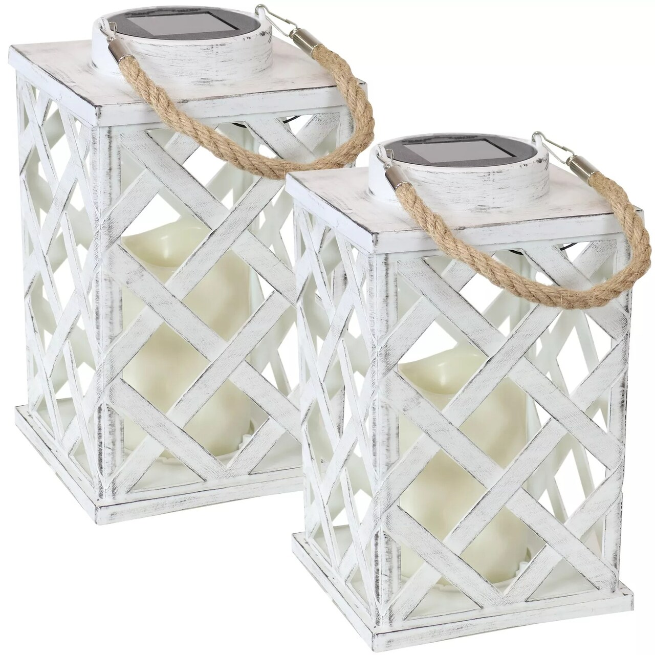 Modern Crosshatch Outdoor Solar Lantern - 9 in - White - Set of 2